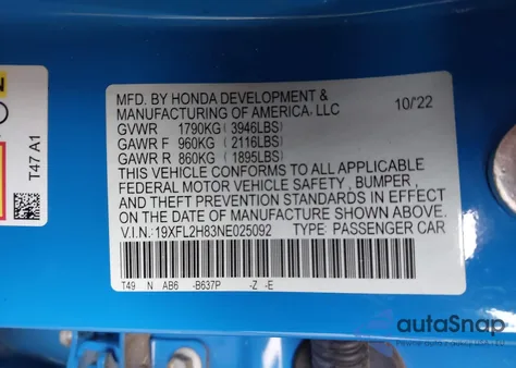 2022 Honda Civic Sport из США, поврежденный, VIN 19XFL2H83NE025092